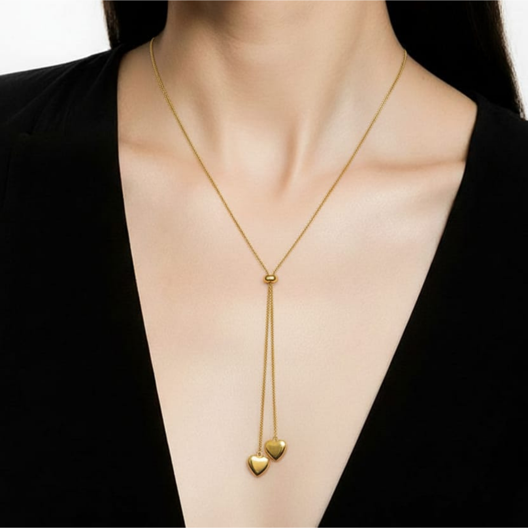 Collar ajustable de acero inoxidable 316L con dos colgantes de corazón