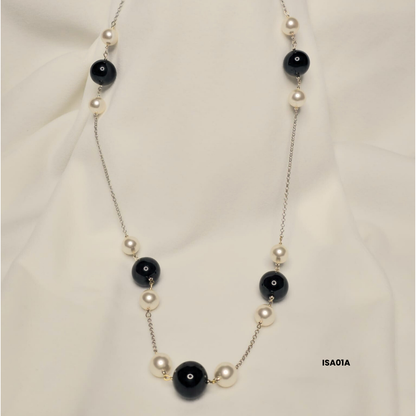 Necklace with 12 mm white Swarovski pearls and 18 mm natural black onyx stone with 925 sterling silver components