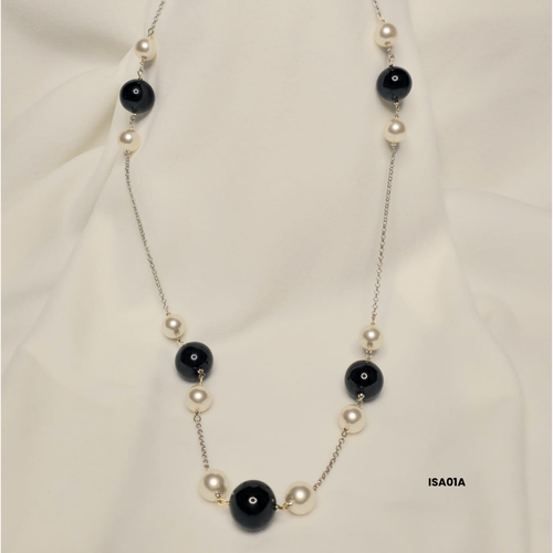 Necklace with 12 mm white Swarovski pearls and 18 mm natural black onyx stone with 925 sterling silver components