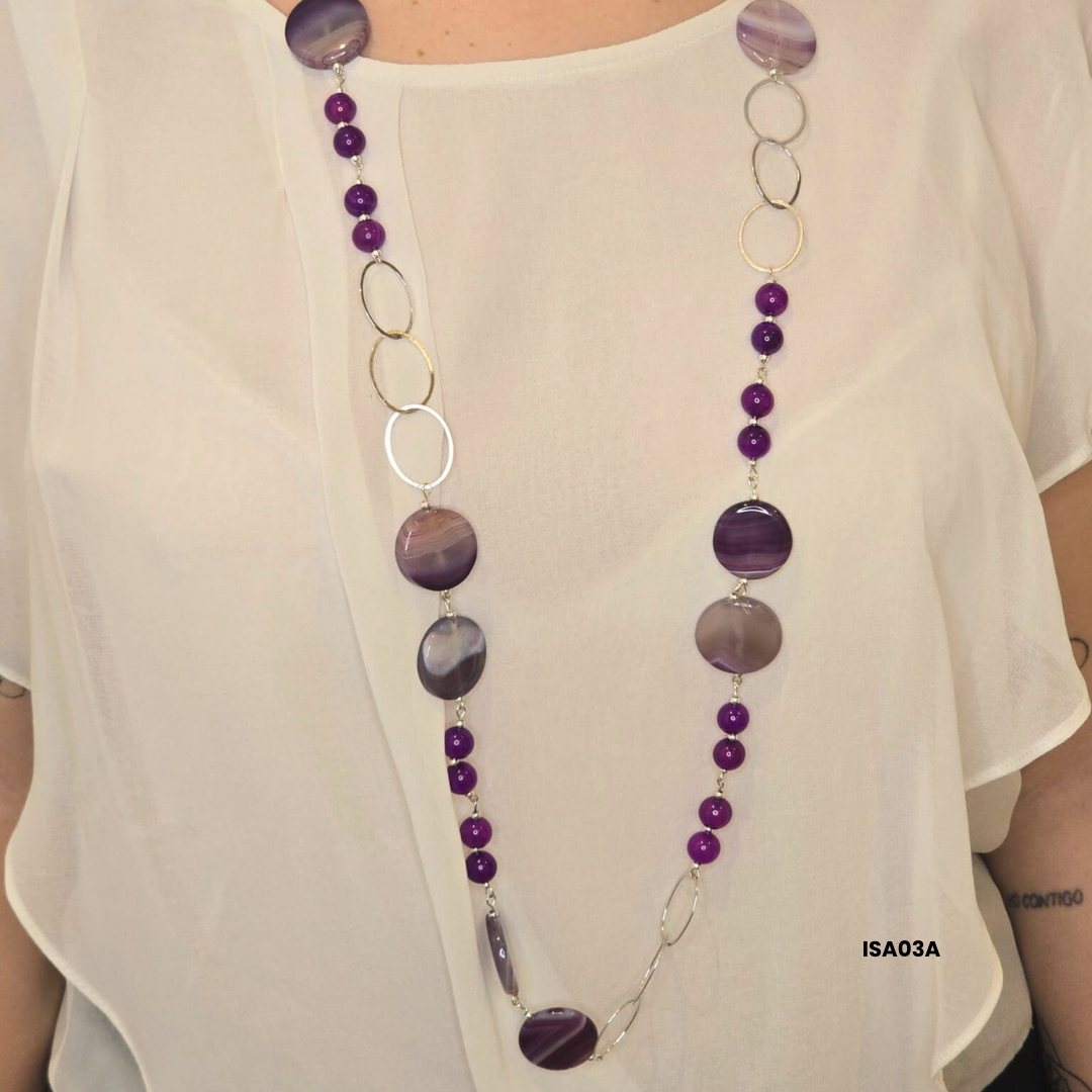 10 mm violet agate natural stone necklace + 25 mm discs with 925 sterling silver pieces