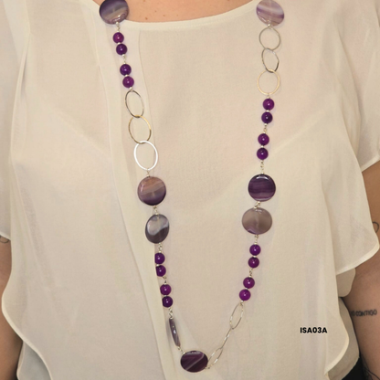 10 mm violet agate natural stone necklace + 25 mm discs with 925 sterling silver pieces