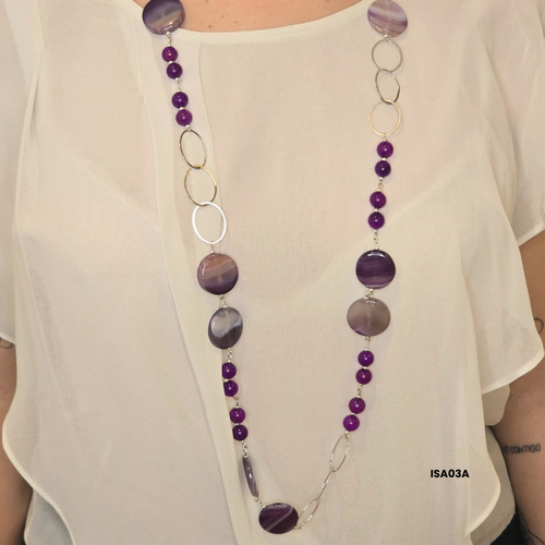 10 mm violet agate natural stone necklace + 25 mm discs with 925 sterling silver pieces