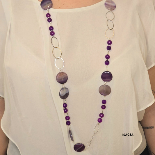10 mm violet agate natural stone necklace + 25 mm discs with 925 sterling silver pieces