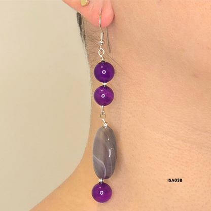 10 mm violet agate natural stone earrings + 25 mm disc with 925 sterling silver components