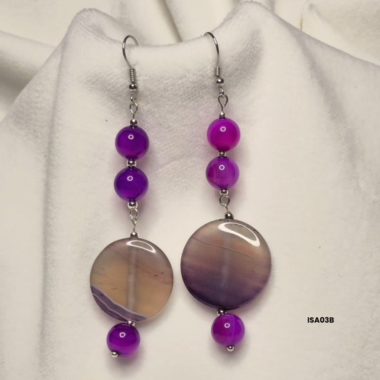 10 mm violet agate natural stone earrings + 25 mm disc with 925 sterling silver components