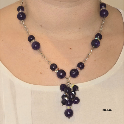 Amethyst cluster necklace + Swarovski crystals, 925 silver and steel
