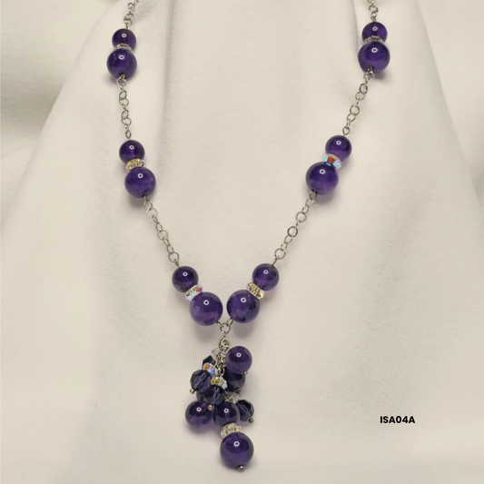 Amethyst cluster necklace + Swarovski crystals, 925 silver and steel