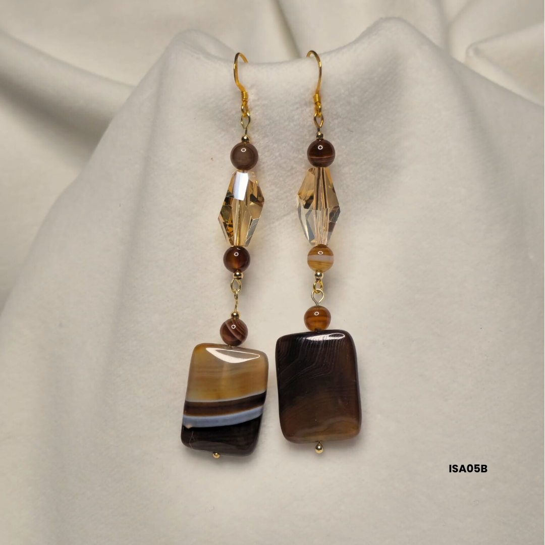 Brown Agate Earrings with Swarovski Crystals and 925 Silver