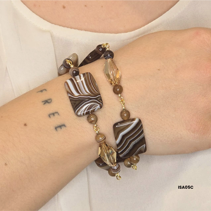 Brown Agate Bracelet with Swarovski Crystals and 925 Sterling Silver