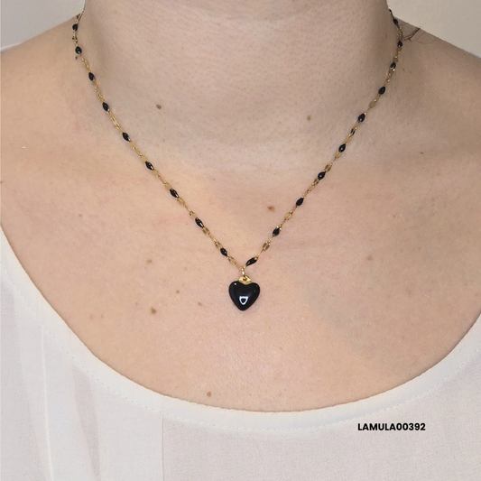 Necklace with black enamelled heart charm in gold stainless steel