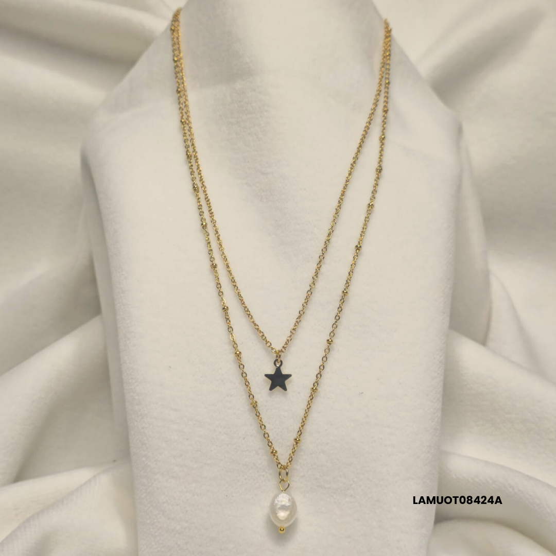 Double chain necklace in gold-plated steel with freshwater pearl and star charm