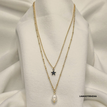 Double chain necklace in gold-plated steel with freshwater pearl and star charm