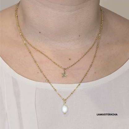 Double chain necklace in gold-plated steel with freshwater pearl and star charm