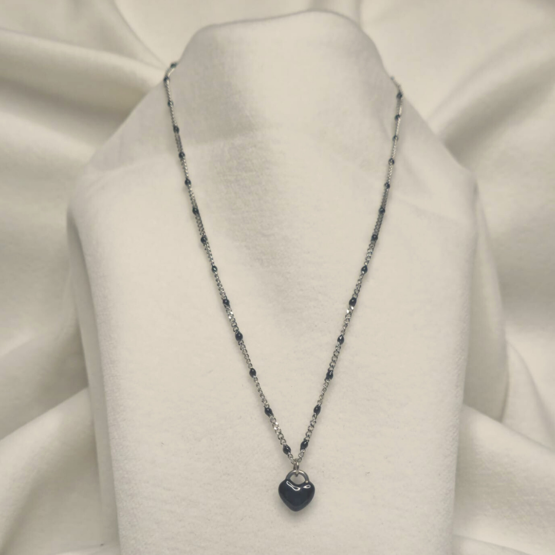 Stainless steel necklace with black enamelled convex heart charm