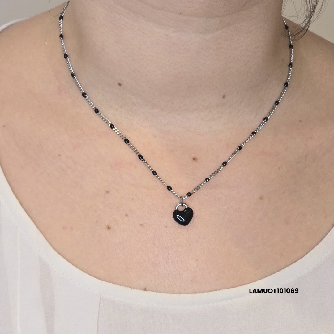Stainless steel necklace with black enamelled convex heart charm