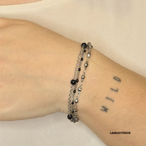 Multi-strand stainless steel bracelet with black enamel spheres