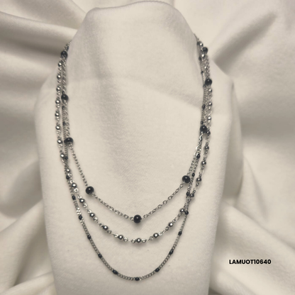 Multi-strand stainless steel necklace with black enamel spheres
