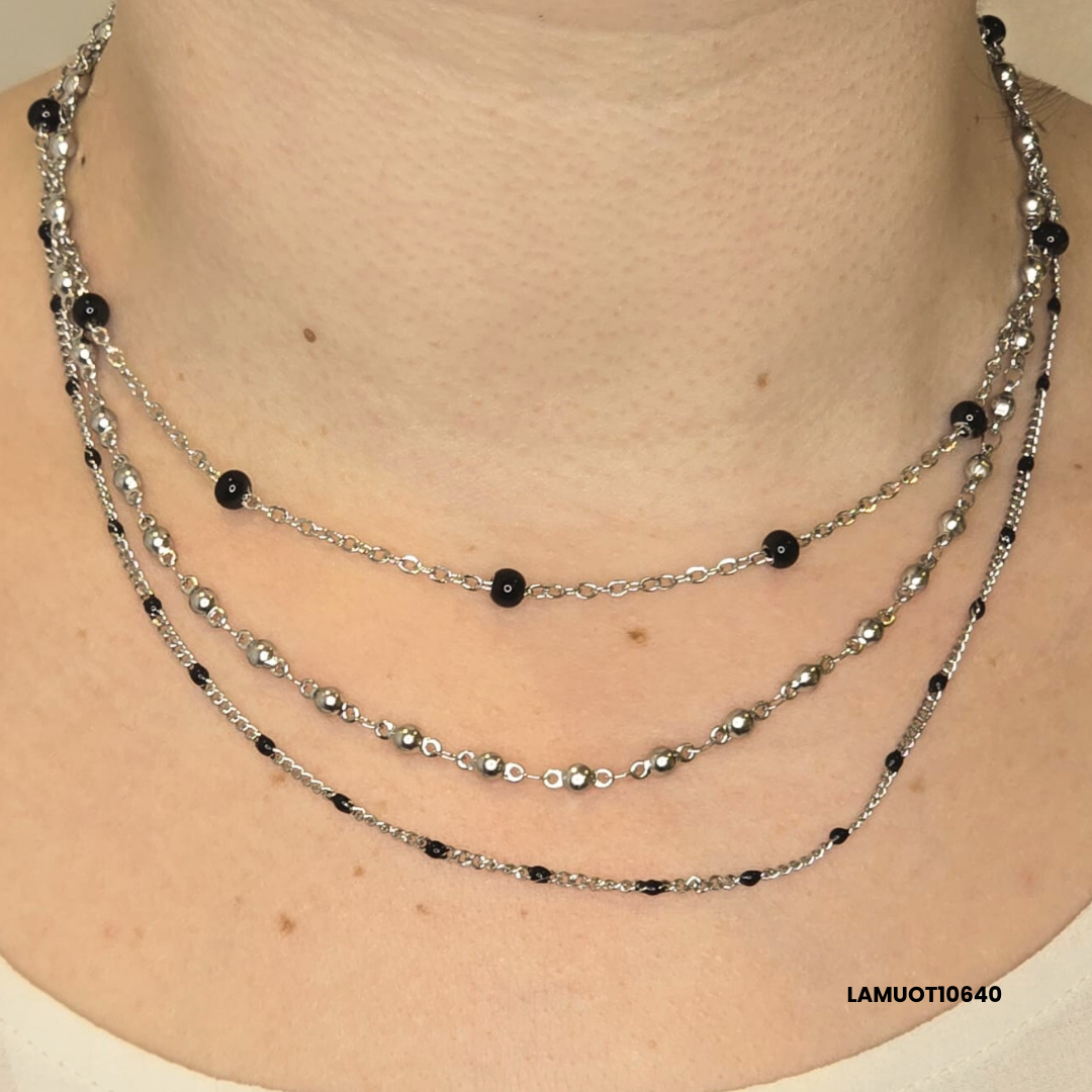 Multi-strand stainless steel necklace with black enamel spheres