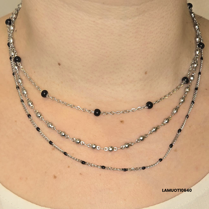 Multi-strand stainless steel necklace with black enamel spheres