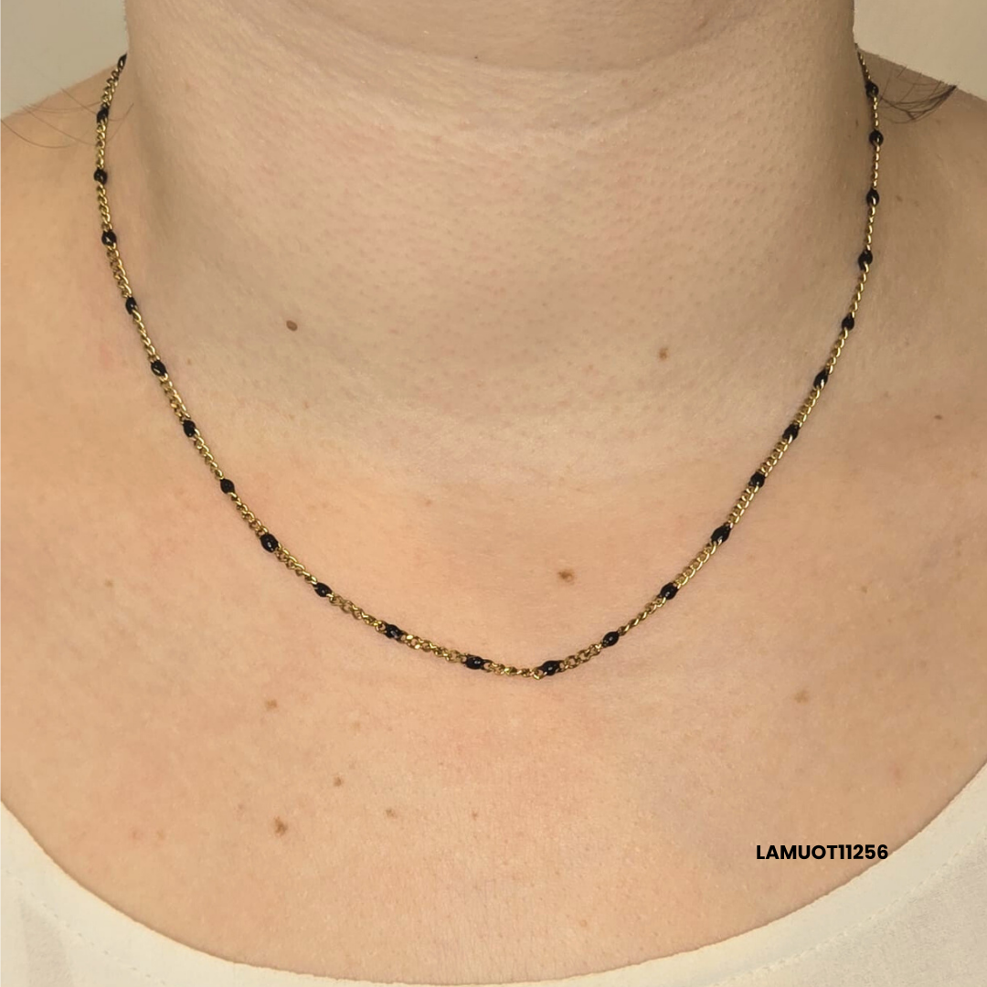 Gold-plated stainless steel necklace with small black enamelled spheres – 40 cm