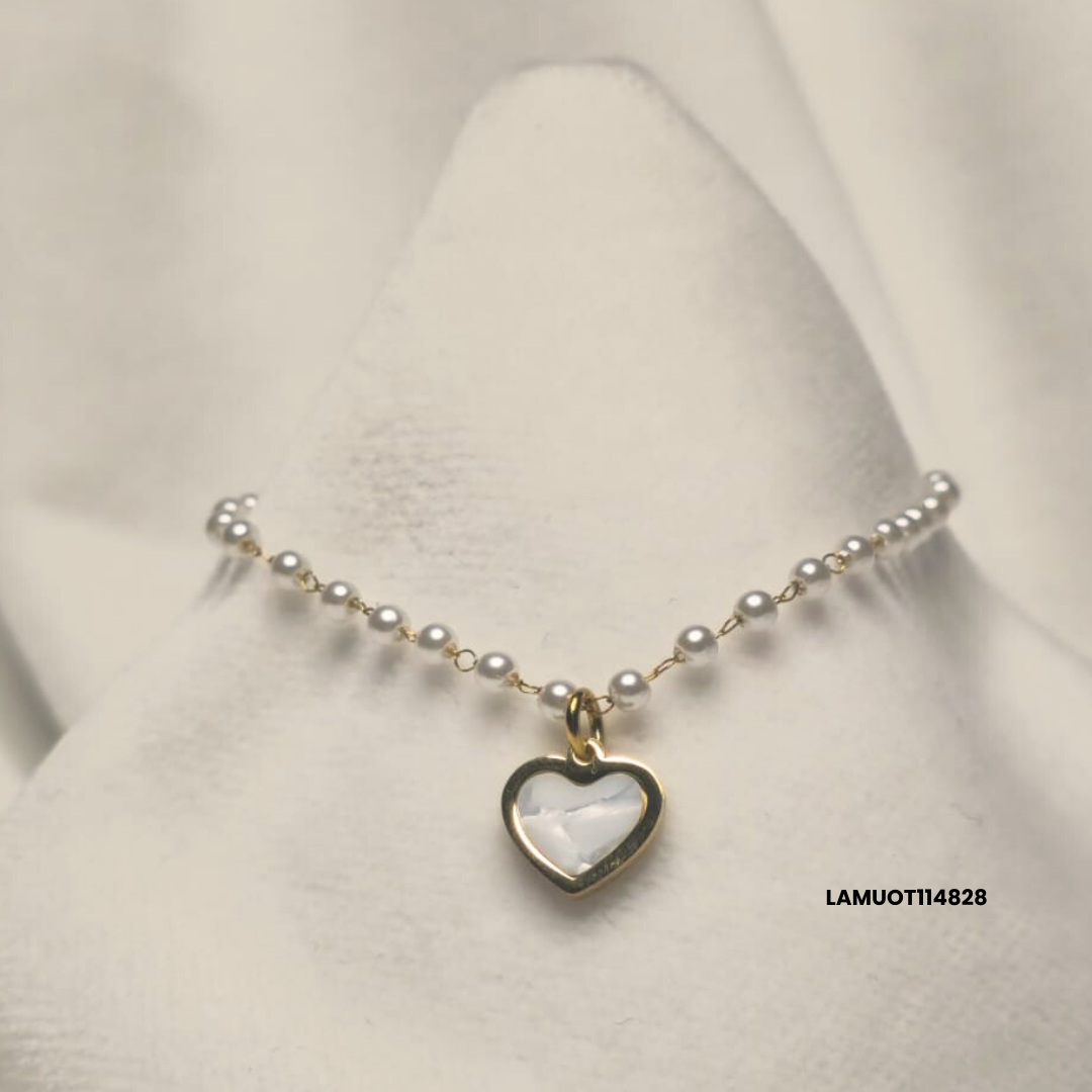 Gold Stainless Steel Bracelet with White Pearls and Mother-of-Pearl Heart Pendant