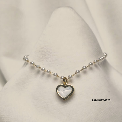Gold Stainless Steel Bracelet with White Pearls and Mother-of-Pearl Heart Pendant