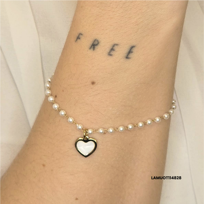 Gold Stainless Steel Bracelet with White Pearls and Mother-of-Pearl Heart Pendant