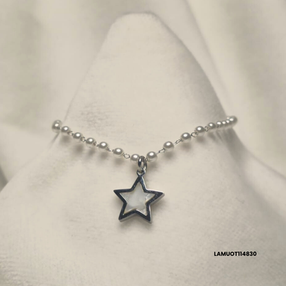 Stainless steel bracelet with white pearls and natural shell star pendant