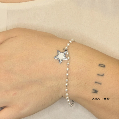 Stainless steel bracelet with white pearls and natural shell star pendant