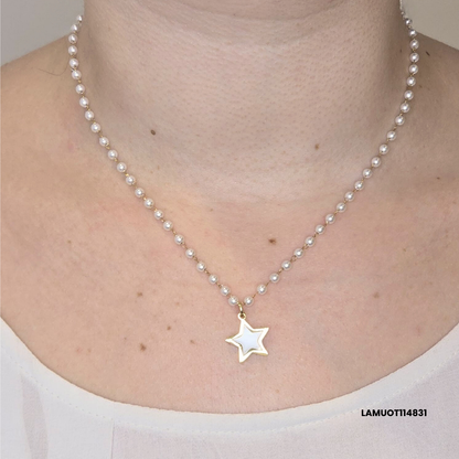 Stainless steel necklace with white pearls and natural shell star pendant
