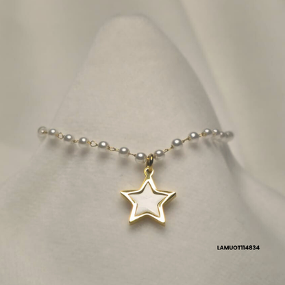 Stainless steel bracelet with white pearls and natural shell star pendant