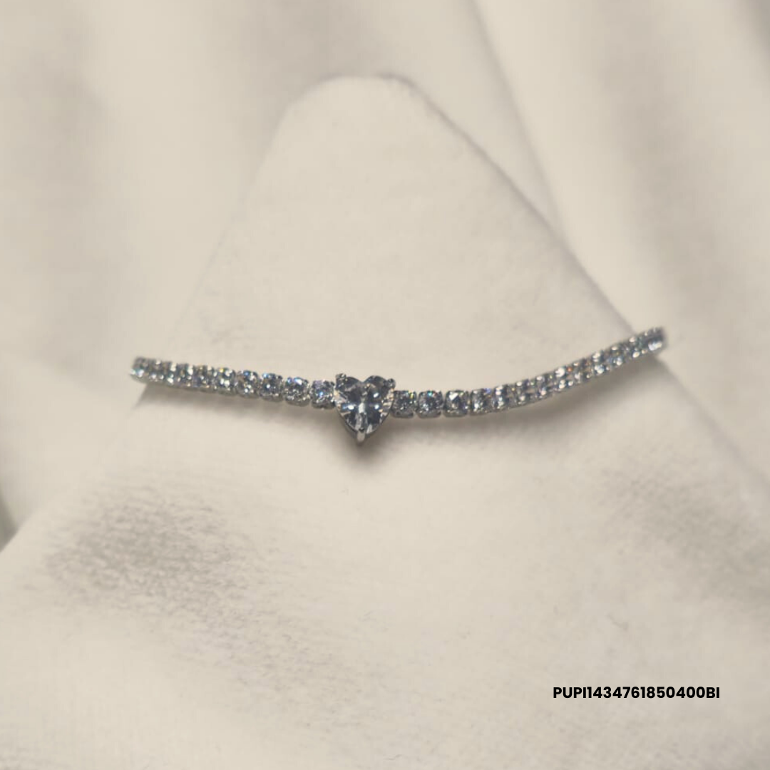 Steel Tennis bracelet with zirconia stones and white, navy blue, red or green heart charm