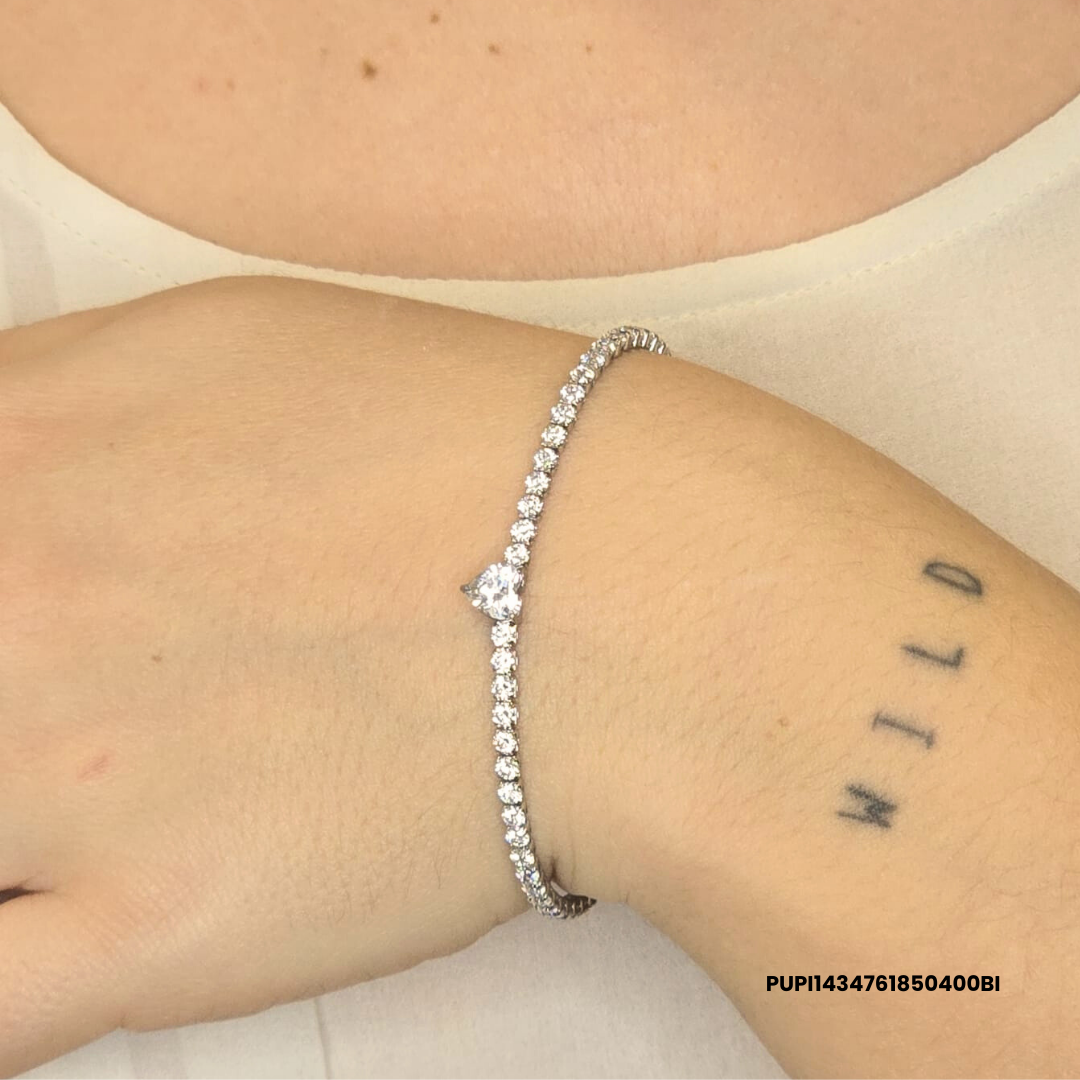 Steel Tennis bracelet with zirconia stones and white, navy blue, red or green heart charm