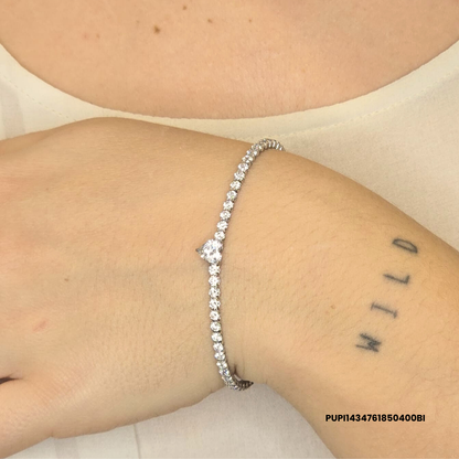 Steel Tennis bracelet with zirconia stones and white, navy blue, red or green heart charm