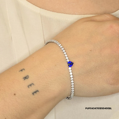 Steel Tennis bracelet with zirconia stones and white, navy blue, red or green heart charm