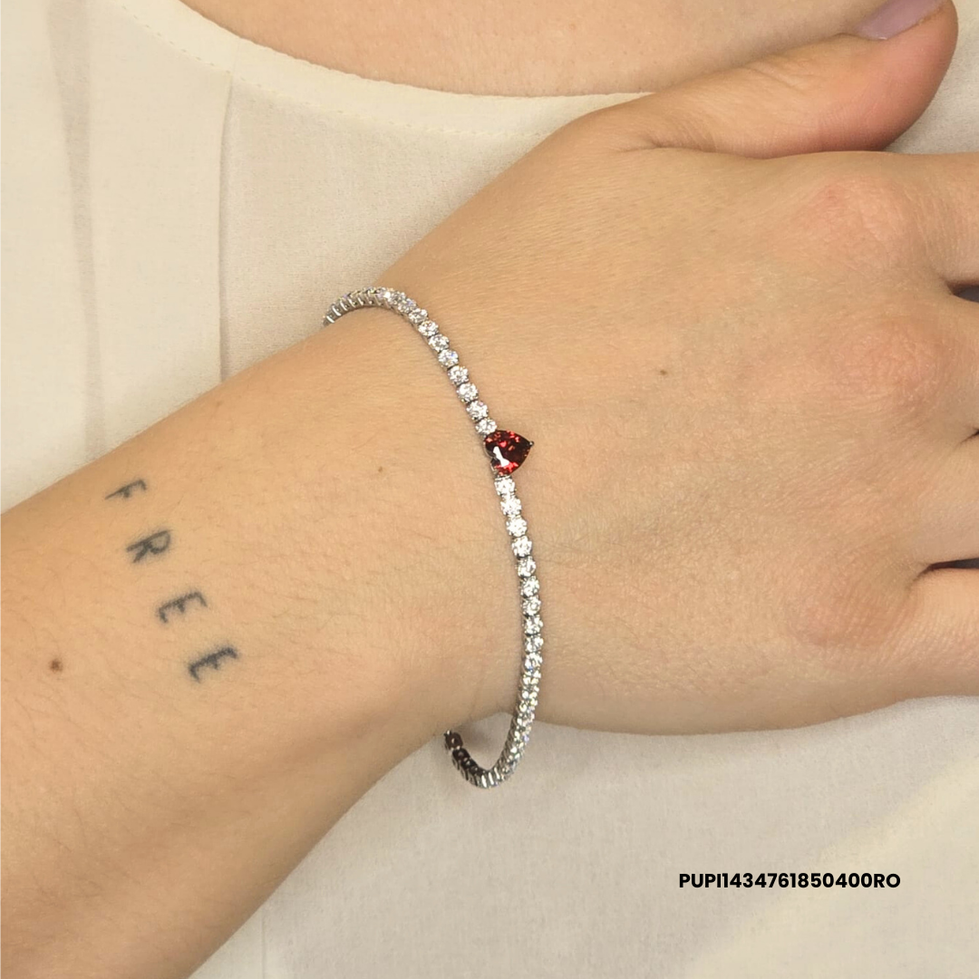 Steel Tennis bracelet with zirconia stones and white, navy blue, red or green heart charm