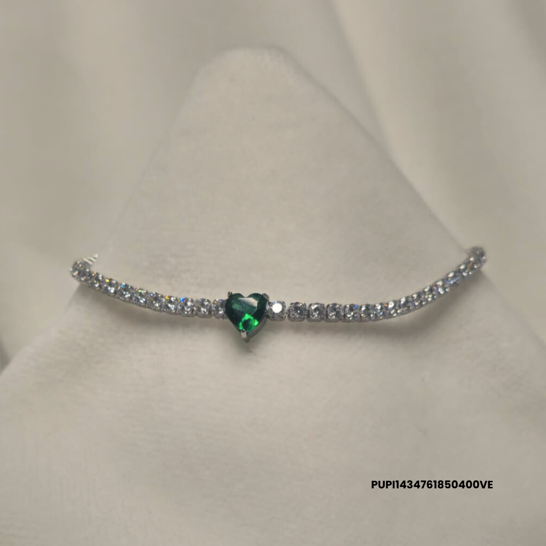 Steel Tennis bracelet with zirconia stones and white, navy blue, red or green heart charm