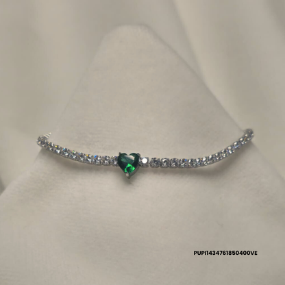 Steel Tennis bracelet with zirconia stones and white, navy blue, red or green heart charm