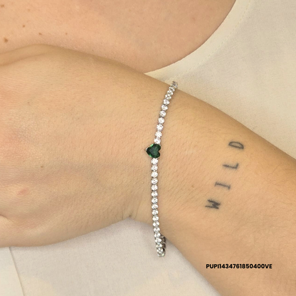 Steel Tennis bracelet with zirconia stones and white, navy blue, red or green heart charm