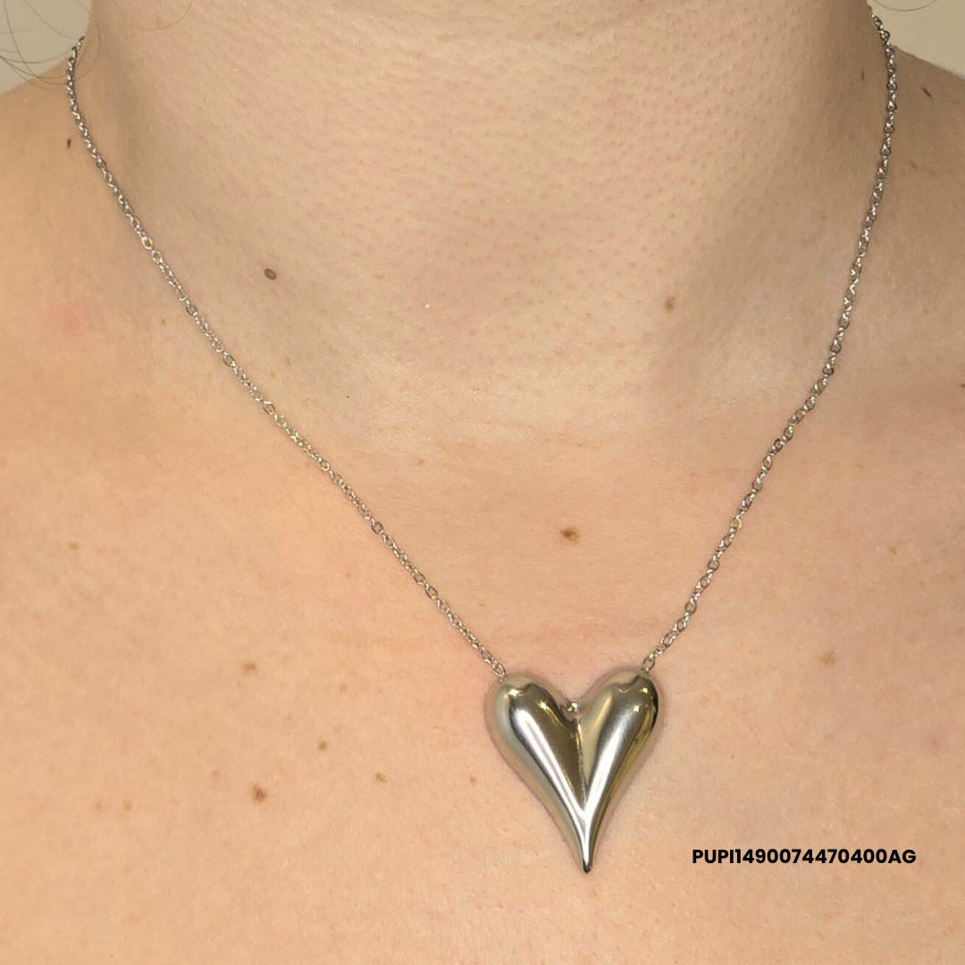 Large Silver Heart Steel Necklace – 316L Stainless Steel