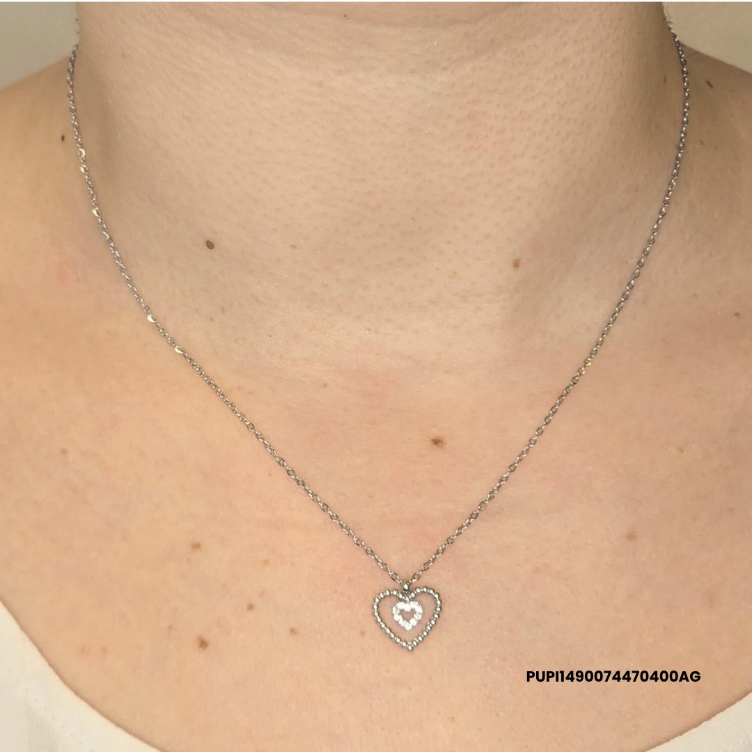 Steel Necklace with Double Heart and Central Zirconias – Silver/Gold 316L Stainless Steel