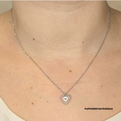 Steel Necklace with Double Heart and Central Zirconias – Silver/Gold 316L Stainless Steel
