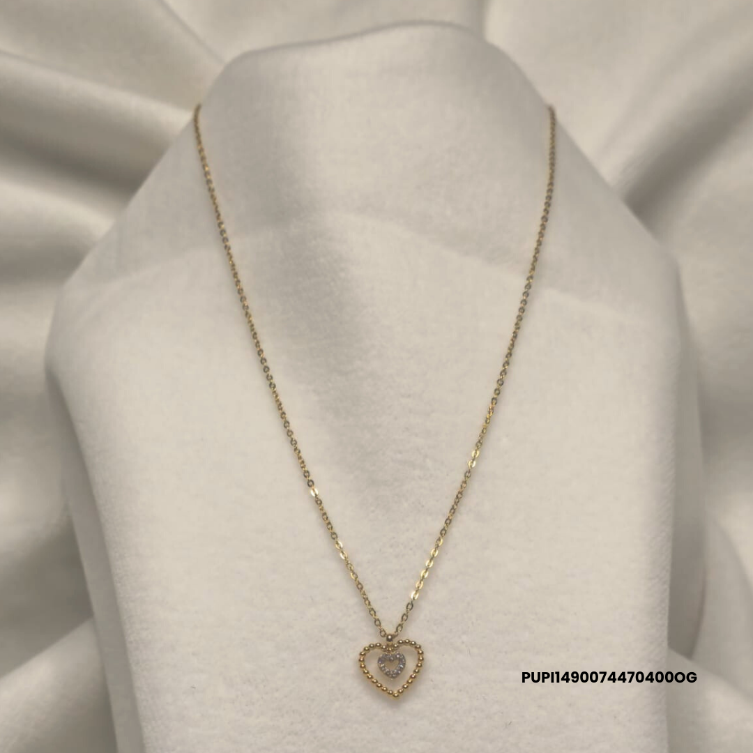 Steel Necklace with Double Heart and Central Zirconias – Silver/Gold 316L Stainless Steel