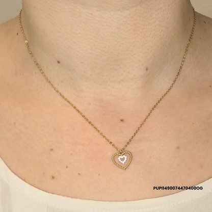 Steel Necklace with Double Heart and Central Zirconias – Silver/Gold 316L Stainless Steel