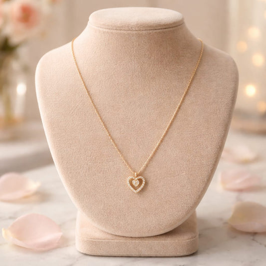 Steel Necklace with Double Heart and Central Zirconias – Silver/Gold 316L Stainless Steel