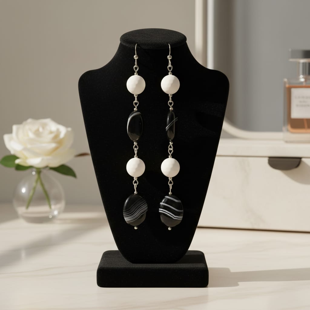 Pendientes de concha de satén y sardónice brasileña con detalles en plata de ley 925