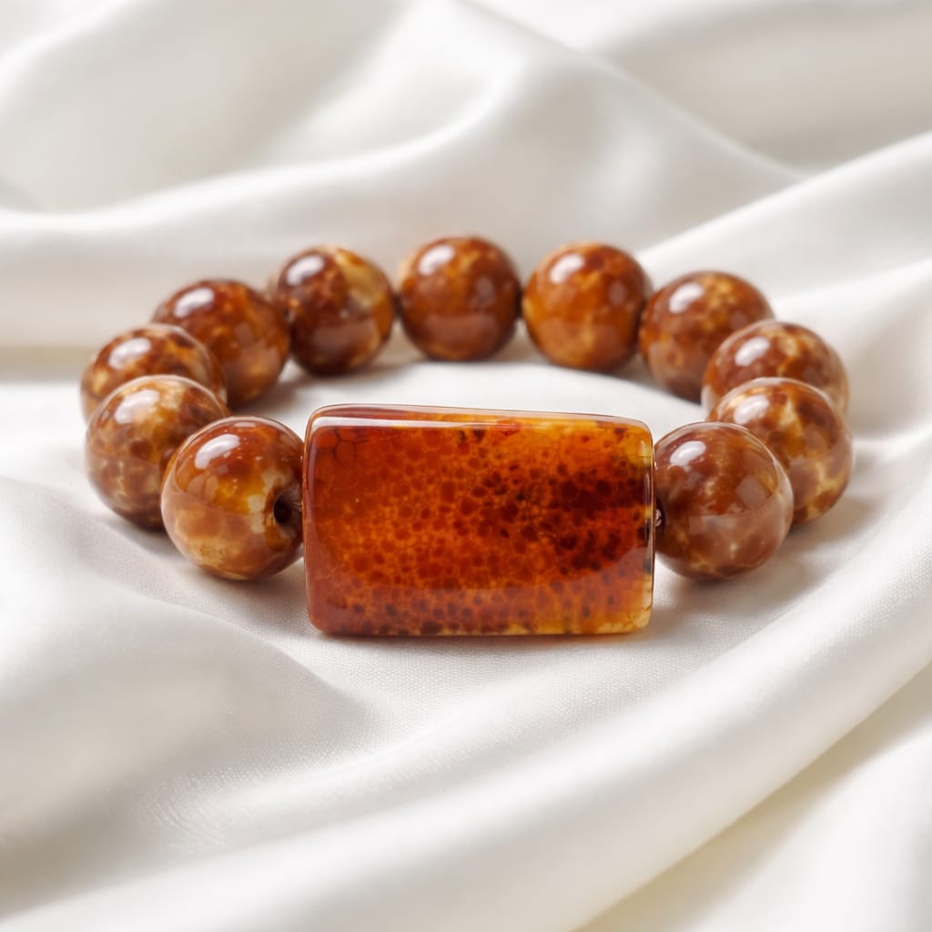 Bracciale in agata rossa fuoco con trapezio e sfere