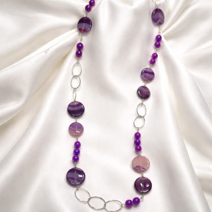 Collana in pietra naturale di agata viola da 10 mm + dischi da 25 mm con pezzi in argento sterling 925