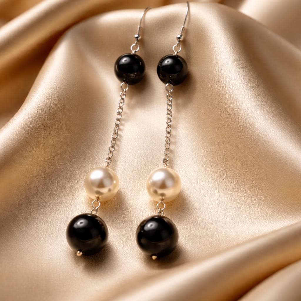 Orecchini con perle Swarovski bianche da 12 mm e onice nero da 10 mm e 14 mm con componenti in argento sterling 925