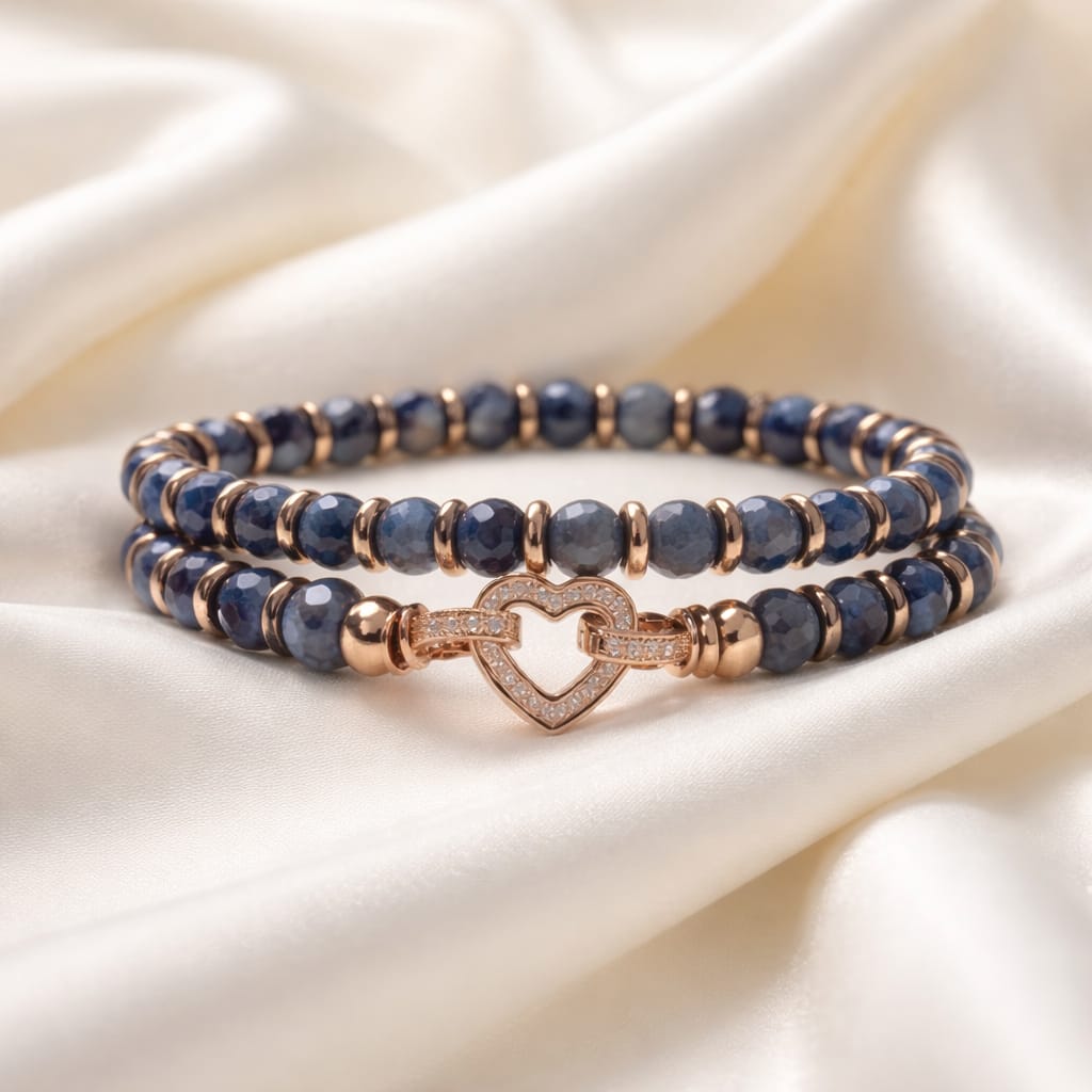 Bracciale doppio con pietre di diaspro blu e dettagli in oro rosa